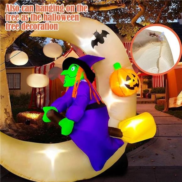 4.6ft Long Halloween Inflatable Witch Sitting on The Moon Decoration, LED - Picture 6 of 6